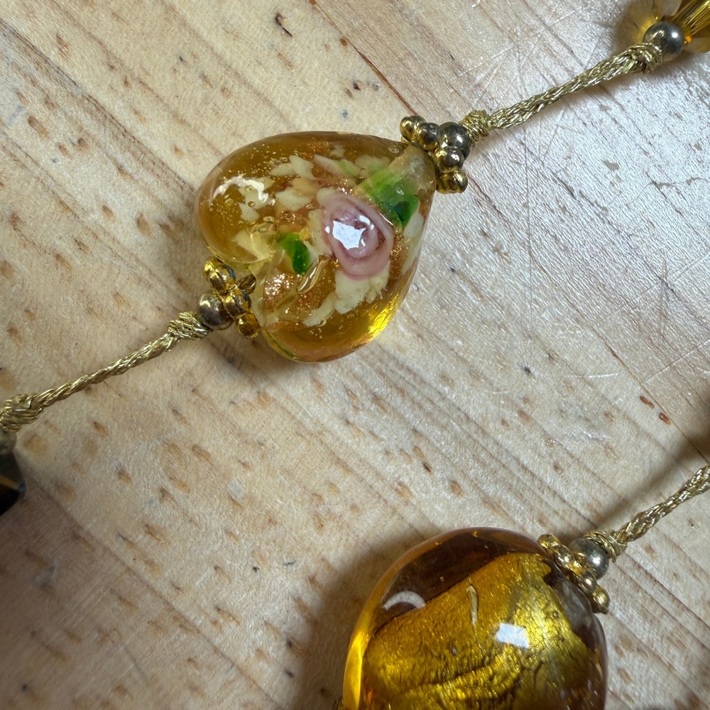 Vintage Bohemian Venetian Lampwork Art Glass Floral Foil Bead Necklace Amber - Picture 9 of 9
